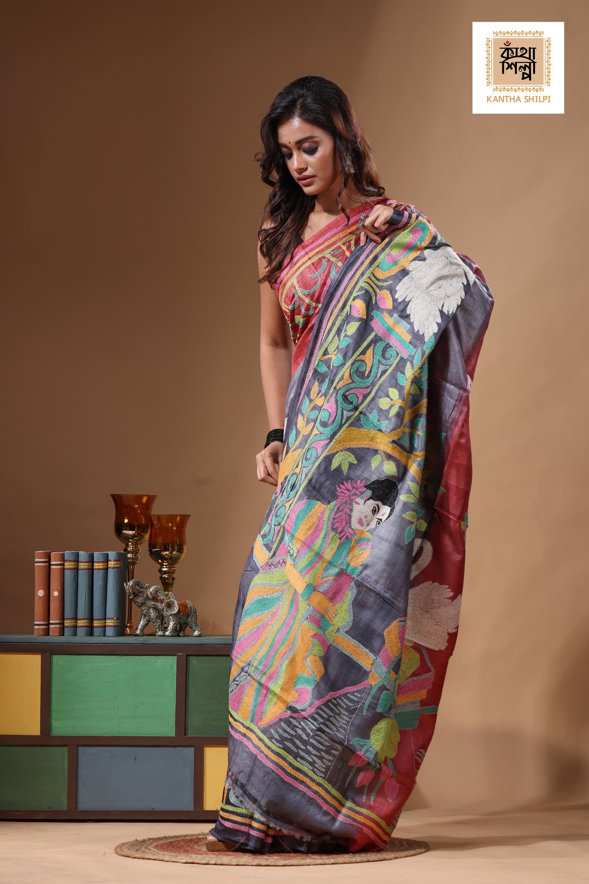 Dye Pure Gachi Tussar Kantha Stitch Saree SN2631535