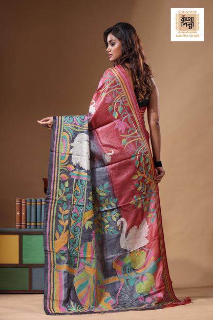Dye Pure Gachi Tussar Kantha Stitch Saree SN2631535