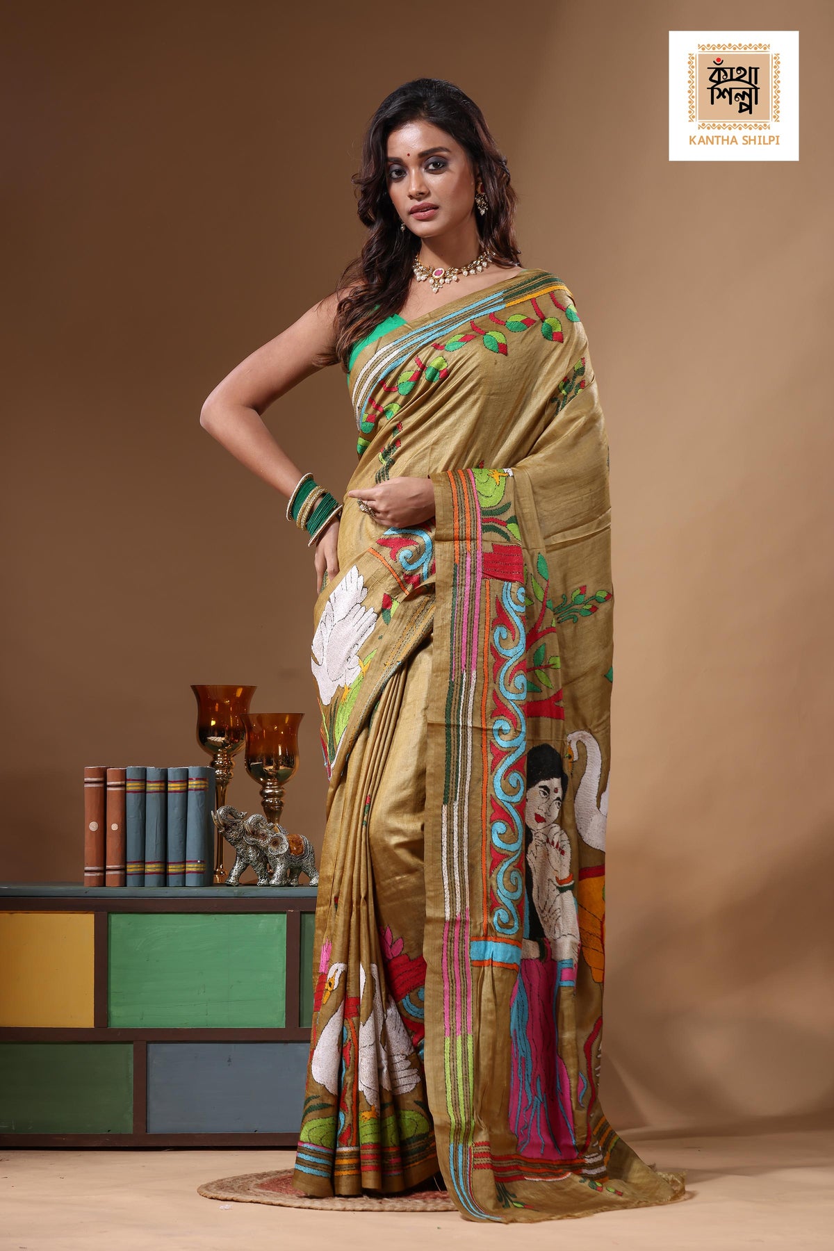 Dye Pure Gachi Tussar Kantha Stitch Saree SN2631613
