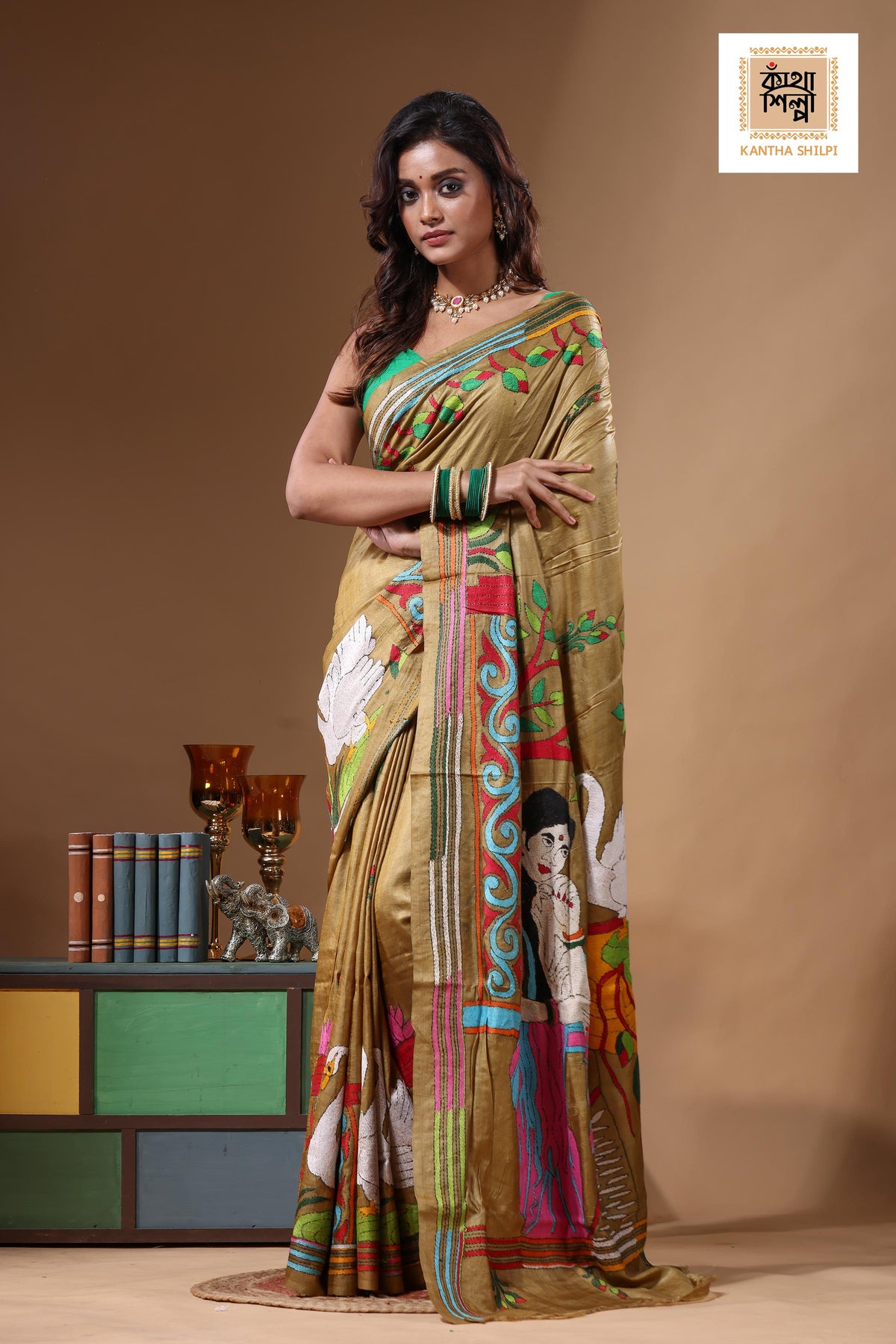 Dye Pure Gachi Tussar Kantha Stitch Saree SN2631613