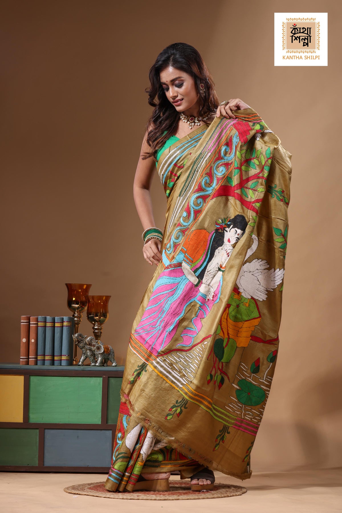 Dye Pure Gachi Tussar Kantha Stitch Saree SN2631613