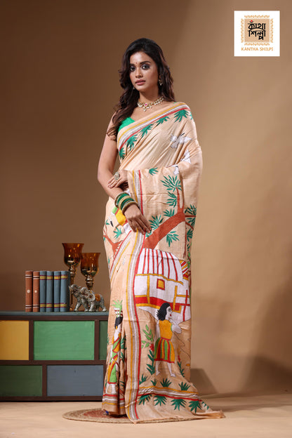 Dye Pure Gachi Tussar Kantha Stitch Saree SN2631704