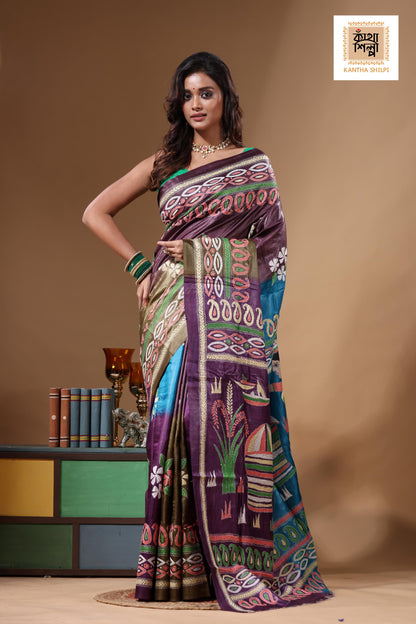 Dye Pure Gachi Tussar Kantha Stitch Saree SN2631770