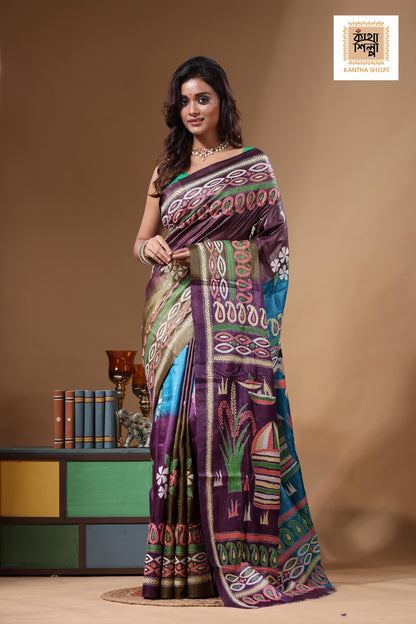 Dye Pure Gachi Tussar Kantha Stitch Saree SN2631770