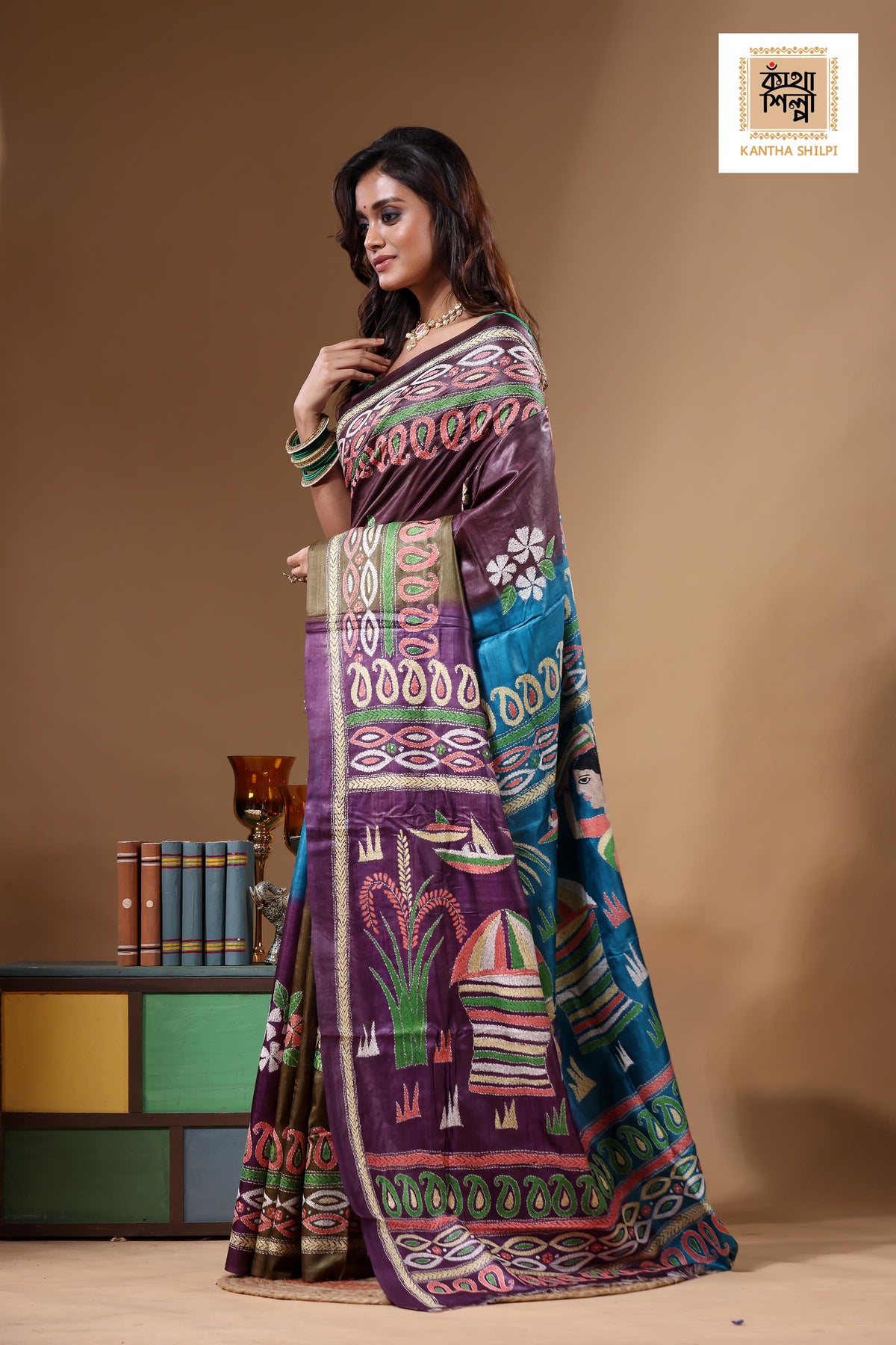 Dye Pure Gachi Tussar Kantha Stitch Saree SN2631770