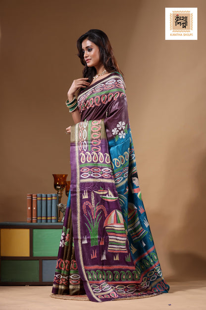 Dye Pure Gachi Tussar Kantha Stitch Saree SN2631770