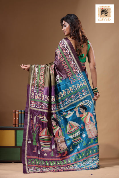 Dye Pure Gachi Tussar Kantha Stitch Saree SN2631770